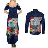 Custom Guam Christmas Couples Matching Summer Maxi Dress and Long Sleeve Button Shirt Santa Gift Latte Stone and Sea Turle Mix Hibiscus Chamorro Blue Style LT03