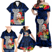 Custom Guam Christmas Family Matching Off Shoulder Maxi Dress and Hawaiian Shirt Santa Gift Latte Stone and Sea Turle Mix Hibiscus Chamorro Blue Style LT03 - Polynesian Pride