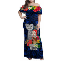 Custom Guam Christmas Family Matching Off Shoulder Maxi Dress and Hawaiian Shirt Santa Gift Latte Stone and Sea Turle Mix Hibiscus Chamorro Blue Style LT03 Mom's Dress Blue - Polynesian Pride
