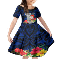 Custom Guam Christmas Family Matching Short Sleeve Bodycon Dress and Hawaiian Shirt Santa Gift Latte Stone and Sea Turle Mix Hibiscus Chamorro Blue Style LT03 Daughter's Dress Blue - Polynesian Pride