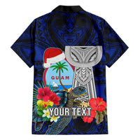 Custom Guam Christmas Family Matching Short Sleeve Bodycon Dress and Hawaiian Shirt Santa Gift Latte Stone and Sea Turle Mix Hibiscus Chamorro Blue Style LT03 - Polynesian Pride