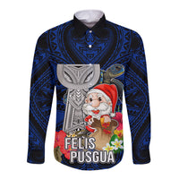 Custom Guam Christmas Long Sleeve Button Shirt Santa Gift Latte Stone and Sea Turle Mix Hibiscus Chamorro Blue Style LT03