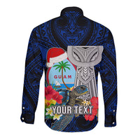 Custom Guam Christmas Long Sleeve Button Shirt Santa Gift Latte Stone and Sea Turle Mix Hibiscus Chamorro Blue Style LT03