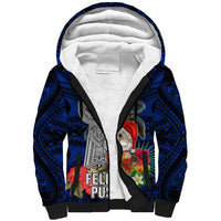 Custom Guam Christmas Sherpa Hoodie Santa Gift Latte Stone and Sea Turle Mix Hibiscus Chamorro Blue Style LT03 Unisex Blue - Polynesian Pride