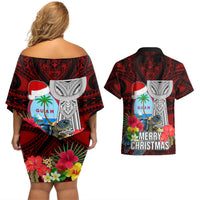 Guam Christmas Couples Matching Off Shoulder Short Dress and Hawaiian Shirt Santa Gift Latte Stone and Sea Turle Mix Hibiscus Chamorro Red Style LT03 - Polynesian Pride