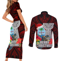 Guam Christmas Couples Matching Short Sleeve Bodycon Dress and Long Sleeve Button Shirt Santa Gift Latte Stone and Sea Turle Mix Hibiscus Chamorro Red Style LT03