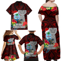 Guam Christmas Family Matching Off Shoulder Maxi Dress and Hawaiian Shirt Santa Gift Latte Stone and Sea Turle Mix Hibiscus Chamorro Red Style LT03