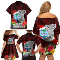Guam Christmas Family Matching Off Shoulder Short Dress and Hawaiian Shirt Santa Gift Latte Stone and Sea Turle Mix Hibiscus Chamorro Red Style LT03