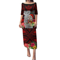 Guam Christmas Family Matching Puletasi Dress and Hawaiian Shirt Santa Gift Latte Stone and Sea Turle Mix Hibiscus Chamorro Red Style LT03 Mom's Dress Red - Polynesian Pride