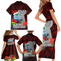 Guam Christmas Family Matching Short Sleeve Bodycon Dress and Hawaiian Shirt Santa Gift Latte Stone and Sea Turle Mix Hibiscus Chamorro Red Style LT03 - Polynesian Pride