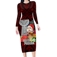 Guam Christmas Long Sleeve Bodycon Dress Santa Gift Latte Stone and Sea Turle Mix Hibiscus Chamorro Red Style LT03 Long Dress Red - Polynesian Pride