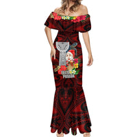 Guam Christmas Mermaid Dress Santa Gift Latte Stone and Sea Turle Mix Hibiscus Chamorro Red Style LT03 - Polynesian Pride