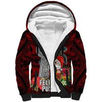 Guam Christmas Sherpa Hoodie Santa Gift Latte Stone and Sea Turle Mix Hibiscus Chamorro Red Style LT03 Unisex Red - Polynesian Pride