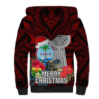 Guam Christmas Sherpa Hoodie Santa Gift Latte Stone and Sea Turle Mix Hibiscus Chamorro Red Style LT03 - Polynesian Pride