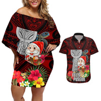 Custom Guam Christmas Couples Matching Off Shoulder Short Dress and Hawaiian Shirt Santa Gift Latte Stone and Sea Turle Mix Hibiscus Chamorro Red Style LT03 Red - Polynesian Pride