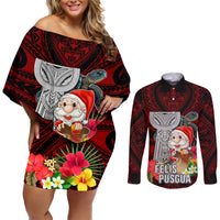 Custom Guam Christmas Couples Matching Off Shoulder Short Dress and Long Sleeve Button Shirt Santa Gift Latte Stone and Sea Turle Mix Hibiscus Chamorro Red Style LT03 Red - Polynesian Pride
