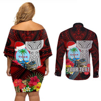 Custom Guam Christmas Couples Matching Off Shoulder Short Dress and Long Sleeve Button Shirt Santa Gift Latte Stone and Sea Turle Mix Hibiscus Chamorro Red Style LT03 - Polynesian Pride