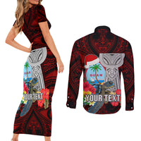 Custom Guam Christmas Couples Matching Short Sleeve Bodycon Dress and Long Sleeve Button Shirt Santa Gift Latte Stone and Sea Turle Mix Hibiscus Chamorro Red Style LT03