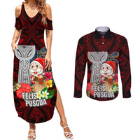 Custom Guam Christmas Couples Matching Summer Maxi Dress and Long Sleeve Button Shirt Santa Gift Latte Stone and Sea Turle Mix Hibiscus Chamorro Red Style LT03 Red - Polynesian Pride