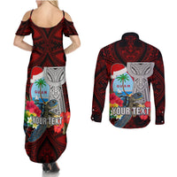 Custom Guam Christmas Couples Matching Summer Maxi Dress and Long Sleeve Button Shirt Santa Gift Latte Stone and Sea Turle Mix Hibiscus Chamorro Red Style LT03 - Polynesian Pride