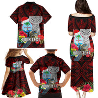 Custom Guam Christmas Family Matching Puletasi Dress and Hawaiian Shirt Santa Gift Latte Stone and Sea Turle Mix Hibiscus Chamorro Red Style LT03 - Polynesian Pride