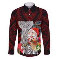 Custom Guam Christmas Family Matching Short Sleeve Bodycon Dress and Hawaiian Shirt Santa Gift Latte Stone and Sea Turle Mix Hibiscus Chamorro Red Style LT03 Dad's Shirt - Long Sleeve Red - Polynesian Pride