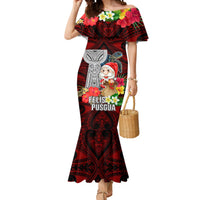 Custom Guam Christmas Mermaid Dress Santa Gift Latte Stone and Sea Turle Mix Hibiscus Chamorro Red Style LT03 Women Red - Polynesian Pride