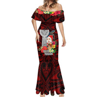 Custom Guam Christmas Mermaid Dress Santa Gift Latte Stone and Sea Turle Mix Hibiscus Chamorro Red Style LT03 - Polynesian Pride
