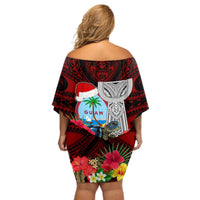 Custom Guam Christmas Off Shoulder Short Dress Santa Gift Latte Stone and Sea Turle Mix Hibiscus Chamorro Red Style LT03 - Polynesian Pride