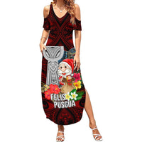 Custom Guam Christmas Summer Maxi Dress Santa Gift Latte Stone and Sea Turle Mix Hibiscus Chamorro Red Style LT03 Women Red - Polynesian Pride