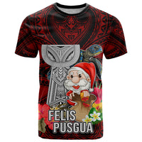 Custom Guam Christmas T Shirt Santa Gift Latte Stone and Sea Turle Mix Hibiscus Chamorro Red Style LT03 Red - Polynesian Pride
