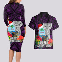 Guam Christmas Couples Matching Long Sleeve Bodycon Dress and Hawaiian Shirt Santa Gift Latte Stone and Sea Turle Mix Hibiscus Chamorro Pink Style LT03 - Polynesian Pride