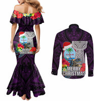 Guam Christmas Couples Matching Mermaid Dress and Long Sleeve Button Shirt Santa Gift Latte Stone and Sea Turle Mix Hibiscus Chamorro Pink Style LT03 - Polynesian Pride