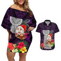 Guam Christmas Couples Matching Off Shoulder Short Dress and Hawaiian Shirt Santa Gift Latte Stone and Sea Turle Mix Hibiscus Chamorro Pink Style LT03 Pink - Polynesian Pride