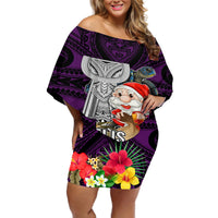 Custom Guam Christmas Off Shoulder Short Dress Santa Gift Latte Stone and Sea Turle Mix Hibiscus Chamorro Pink Style LT03 Women Pink - Polynesian Pride
