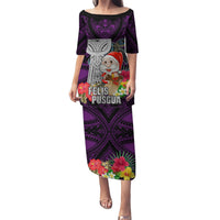 Custom Guam Christmas Puletasi Santa Gift Latte Stone and Sea Turle Mix Hibiscus Chamorro Pink Style LT03 Long Dress Pink - Polynesian Pride