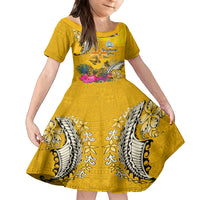 Niue Waitangi Family Matching Puletasi and Hawaiian Shirt Tropical Flower Tapa Pattern LT03 Daughter's Dress Yellow - Polynesian Pride