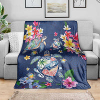 Hawaiian Turtles and Tropical Plants Blanket Blue Watercolor