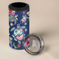 Hawaiian Turtles and Tropical Plants 4 in 1 Can Cooler Tumbler Blue Watercolor