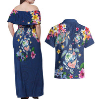 Hawaiian Turtles and Tropical Plants Couples Matching Off Shoulder Maxi Dress and Hawaiian Shirt Blue Watercolor