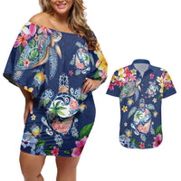 Hawaiian Turtles and Tropical Plants Couples Matching Off Shoulder Short Dress and Hawaiian Shirt Blue Watercolor