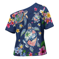 Hawaiian Turtles and Tropical Plants Cross Shoulder Shirt Blue Watercolor