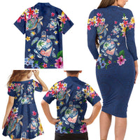 Hawaiian Turtles and Tropical Plants Family Matching Long Sleeve Bodycon Dress and Hawaiian Shirt Blue Watercolor LT03 - Polynesian Pride