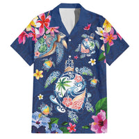 Hawaiian Turtles and Tropical Plants Family Matching Long Sleeve Bodycon Dress and Hawaiian Shirt Blue Watercolor LT03 Dad's Shirt - Short Sleeve Blue - Polynesian Pride