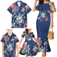 Hawaiian Turtles and Tropical Plants Family Matching Mermaid Dress and Hawaiian Shirt Blue Watercolor LT03 - Polynesian Pride