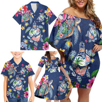 Hawaiian Turtles and Tropical Plants Family Matching Off Shoulder Short Dress and Hawaiian Shirt Blue Watercolor LT03 - Polynesian Pride