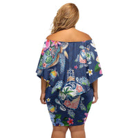Hawaiian Turtles and Tropical Plants Family Matching Off Shoulder Short Dress and Hawaiian Shirt Blue Watercolor LT03 - Polynesian Pride