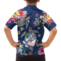 Hawaiian Turtles and Tropical Plants Family Matching Summer Maxi Dress and Hawaiian Shirt Blue Watercolor LT03 - Polynesian Pride