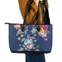 Hawaiian Turtles and Tropical Plants Leather Tote Bag Blue Watercolor