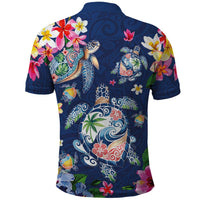 Hawaiian Turtles and Tropical Plants Polo Shirt Blue Watercolor